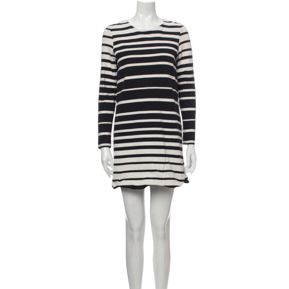 TIBI Striped Mini Dress Crew Neck Black White Scalloped Hem Cotton Knit Medium